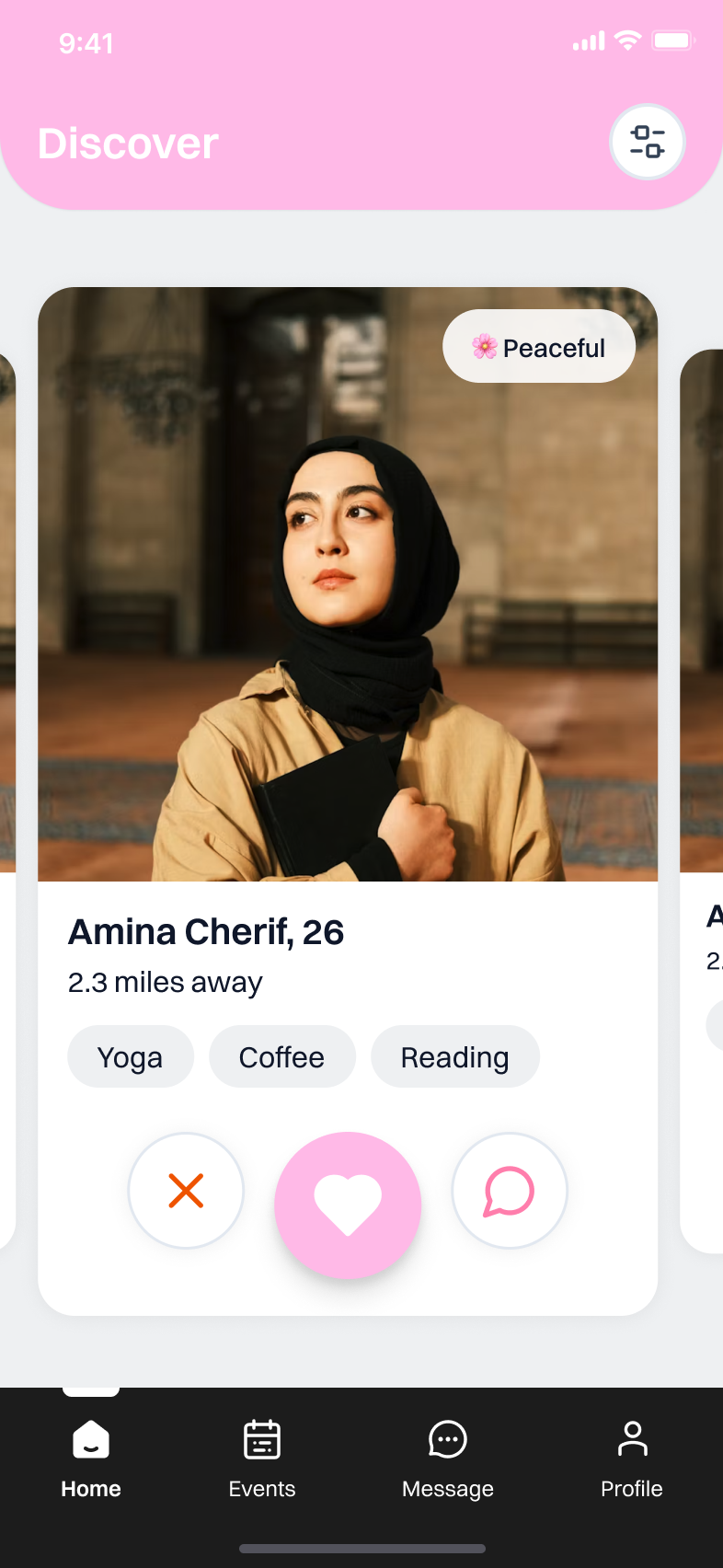 Écran de découverte - Browse des profils avec humeur