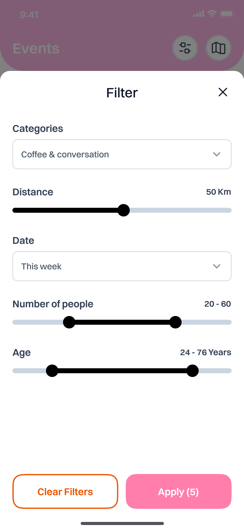 Écran des filtres - Personnalise ta recherche